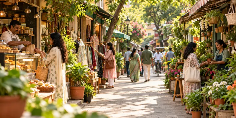 Neighbourhood shopping street with local stores and shoppers