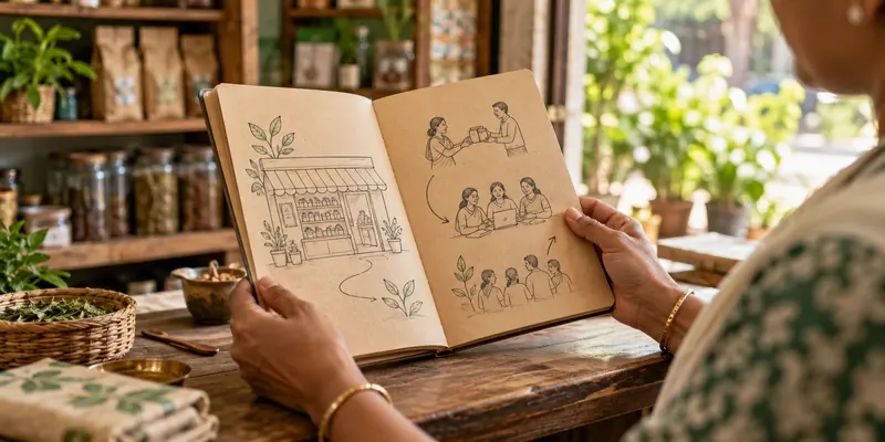 Notebook with sketches of a local shop and community